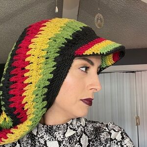 Rastafarian, Jamaican Handwoven Crochet Visor Hat in Black, Red, Yellow & Green